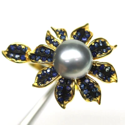 925 Sterling Silber 10 Mm. Graue Perle & Blaue Saphir Schmuckring Größe 6.25 - Bild 1 von 4