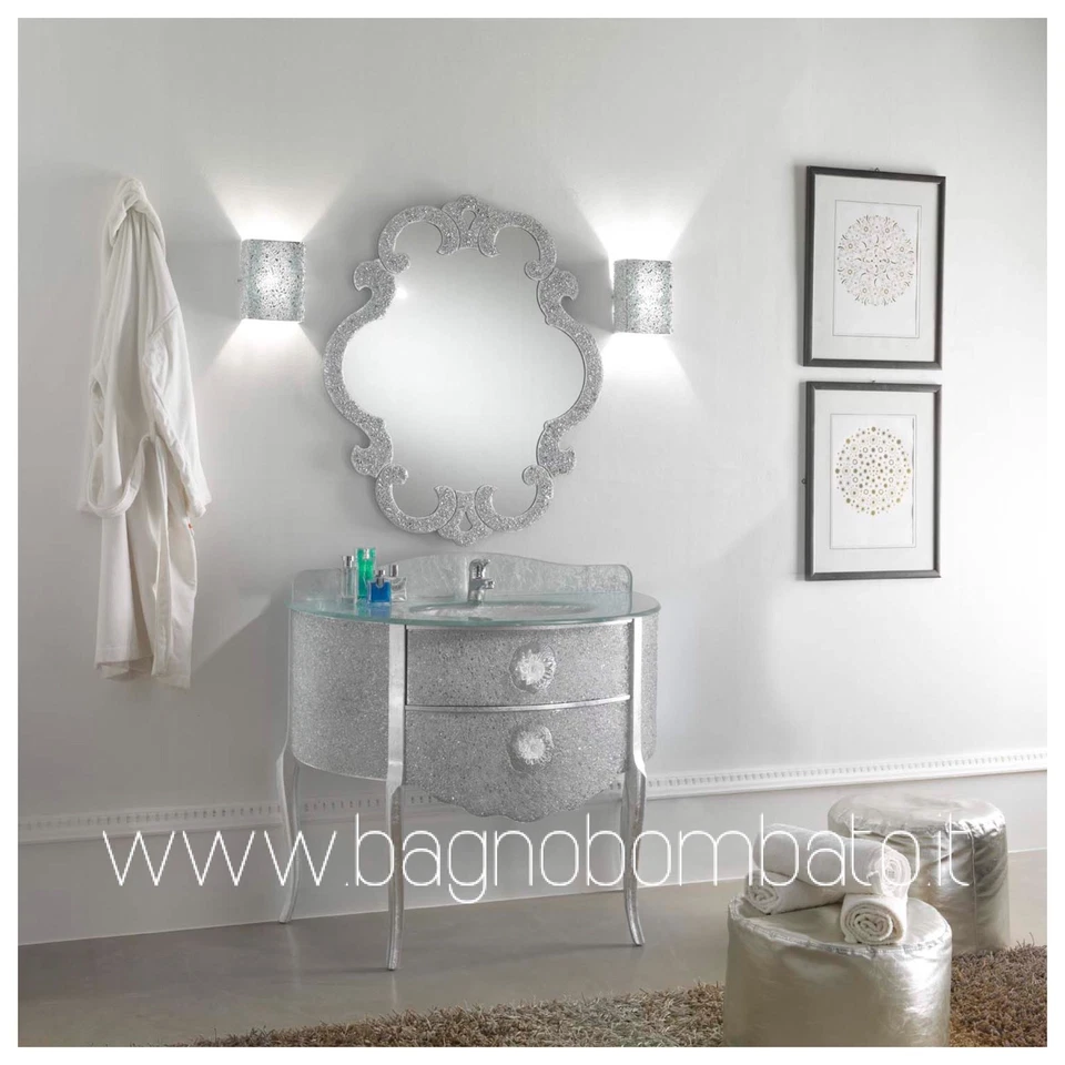 Mobile Bagno In Cristallo Bombato Foglia Argento - Immagine 1 di 1