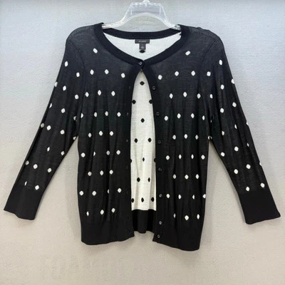 Halogen Cardigan Sweater Women's L Black White Polka Dot Preppy Normcore EUC - Image 1 of 4