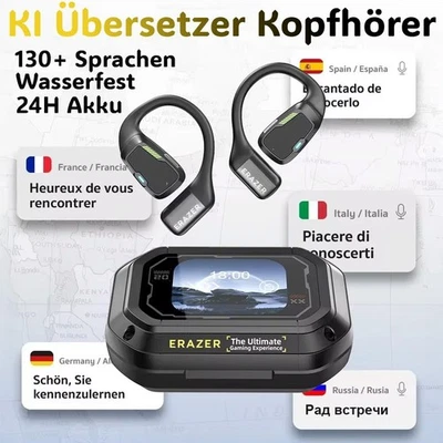 ERAZER KI Echtzeit Übersetzer Kopfhörer 135 Sprachen | AI Übersetzungsgerät Translator