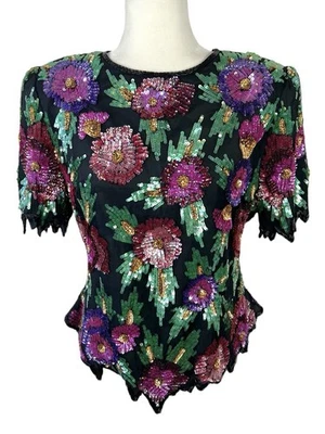 Top Lawrence Kazar con cuentas para mujer talla L seda floral vintage cremallera Foto 1 de 4
