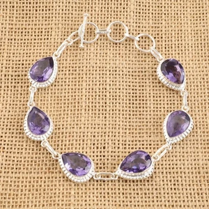 925 Silver Natural Iolite New Chain Birthday Engagement Bezel Bracelet Jewelry - Picture 1 of 6
