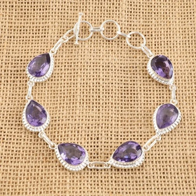 925 Silver Natural Iolite New Chain Birthday Engagement Bezel Bracelet Jewelry - Image 1 of 4