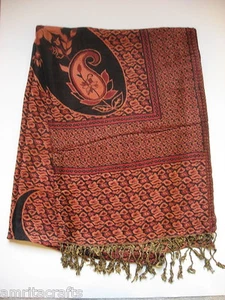 BURGUNDY/PEACH/BLACK LARGE PAISLEY PATTERN SHAWL SCARF WRAP KASHMIR INDIA - Picture 1 of 5