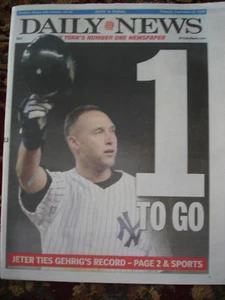 DEREK JETER DAILY NEWS NEWSPAPER YANKEE 9/10/09 HITS RARE COLLECTIBLE HIT LEADER - Picture 1 of 2