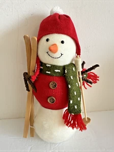 Vintage Snowman With Wood Skis and Poles Wearing Sweater, Scarf and Hat 12" x 6" - Picture 1 of 8