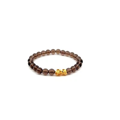 18K Gold Dragon Pixiu Piyao Lucky Charm Bracelet Gemstones Smoky Quartz 6mm - Image 1 of 4