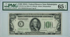 FR #2153-Cm Mule $100 1934A FRN Philadelphia Gem Unc 65 EPQ PMG 946425-3 - Picture 1 of 2