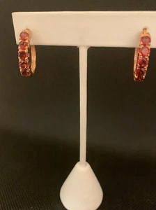Earrings Stratify Red Vermelho Garnet 3.40CTW Round18k Rose Gold Silver Hoop NIB - Picture 1 of 8