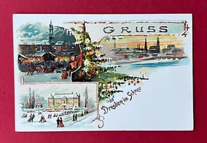 Winter Litho AK DRESDEN um 1900 Augustusbrücke, Neumarkt, Grosser Garten( 135586 - Bild 1 von 2