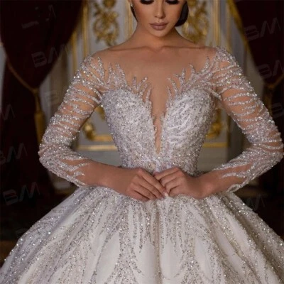 Luxury Wedding Dresses Sweetheart Neck Long Sleeves Backless Beaded Bridal Gowns - Image 1 of 4