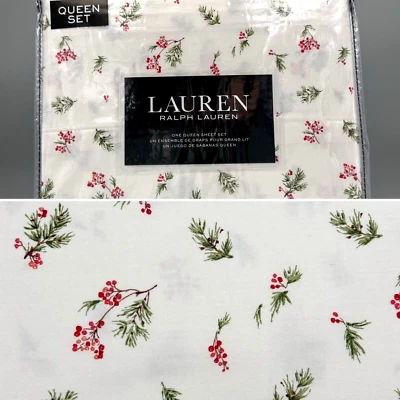 Комплект простыней Ralph Lauren QUEEN Pine Branch Red Berries Holidays 18 дюймов глубокая посадка - Изображение 1 из 4