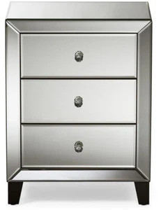 Silver Mirrored Nightstand 3-Drawer Modern Hollywood Regency Glamour Style - Picture 1 of 12