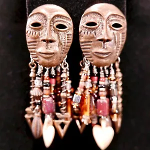 VTG Signed Robert Shields Spirit Mask Heart Clip On Beaded Dangle Earrings 3in - Picture 1 of 9