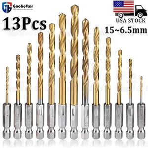 13pcs Titanium Coated HSS Steel Drill Bits Metal Wood Plastic 1/4" Hex Shank - Picture 1 of 9