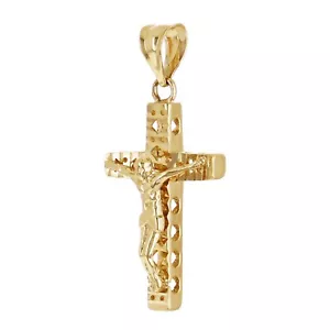 Italian 14k Yellow Gold 3D Double Sided Crucifix Cross Charm Pendant 1.1" 1.7g - Picture 1 of 4
