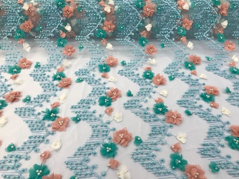 Aqua 3d chiffon flowers embroidery with pearls chevron mesh lace scalloped - Image 1 of 1