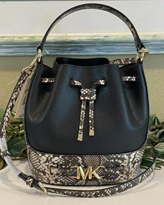 MICHAEL KORS REED MEDIUM BUCKET SNAKE CROSSBODY SHOULDER MK BAG BLACK LEATHER - Image 1 of 4
