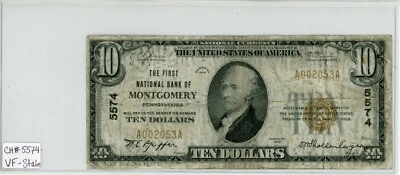 1929 $10 Montgomery, PA National Bank Note CH#5574 VF Condition Stains A002053A - Image 1 of 2
