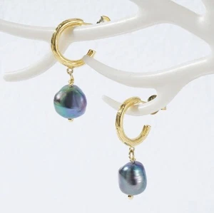 B09 Orecchini Kreisbogen Con Scuro Natur-Perle Dorato Argento Sterling 925 - Imagen 1 de 4