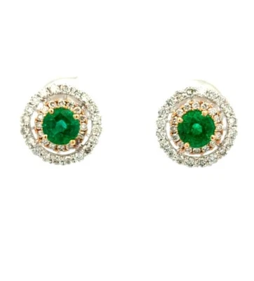 Video 1.37CT 18K Gold Natural Emerald Diamond Halo Stud Earrings Italian Classic - Image 1 of 3
