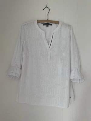 Женский большой пуловер Tommy Hilfiger Popover белый с красно-бело-синей отделкой б/у в отличном состоянии - Изображение 1 из 4