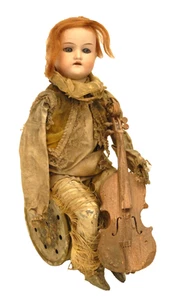 ANTIQUE BISQUE HEAD DOLL AUTOMATON WINDUP CLOCKWORK MUSICAL CELLO PLAYER TOY - Picture 1 of 17