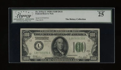 DBR 1928-A $100 DGS FRN San Francisco Fr. 2151-Ldgs Legacy 25 Serial L00785876A - Image 1 of 2