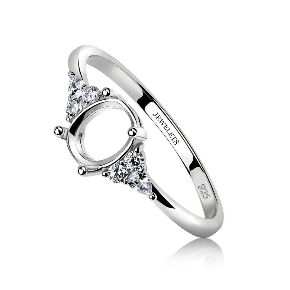 Anillo de plata en blanco 6x8 mm con piedras laterales de circonita cúbica - ajuste de punta ovalada para piedras preciosas Foto 1 de 4