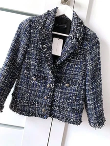 A804 ZARA MUJER AZUL MARINO TWEED DESHILACHADO EMBELLECIDO BLAZER ABRIGO CHAQUETA GRANDE - L - Imagen 1 de 13