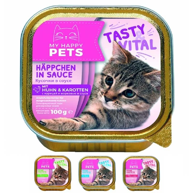MY HAPPY PETS Katzenfutter feine Pastete & Häppchen in Soße 4 Sorten 64 x 100g - Bild 1 von 4