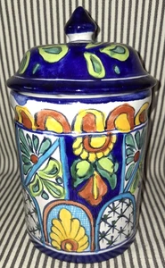 VTG TALAVERA ART POTTERY HAND PAINTED CANISTER COOKIE JAR w/LID BLUE SUNFLOWERS - Bild 1 von 9