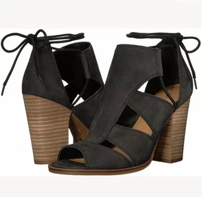 LUCKY BRAND "Lanita" BLACK NUBUCK LEATHER OPEN TOE LACE UP HI BLOCK HEEL, 9M/39 - Picture 1 of 7