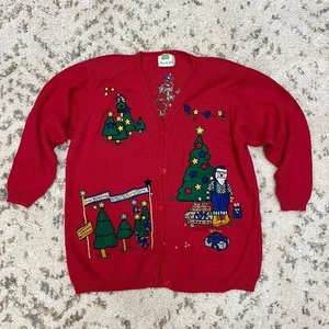 Quacker Factory Womens Cardigan Sweater Size 1X Embroidered Santa Tree Gifts - Picture 1 of 8