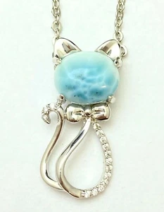 P4396S Natural Caribbean Ocean Blue Larimar Kitty Cat Sterling Silver Pendant - Picture 1 of 2