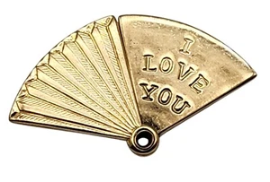 1948 VINTAGE Solid 14k Yellow Gold Hand Fan Ladies Charm Pendant ~ I LOVE YOU - Picture 1 of 3