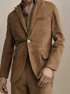 Men's TAN Real Soft Lambskin Suede Leather Blazer Stylish Handmade Formal Design - Picture 1 of 7