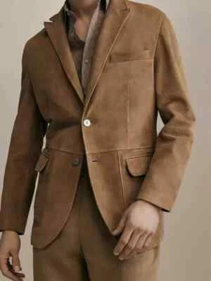 Men's TAN Real Soft Lambskin Suede Leather Blazer Stylish Handmade Formal Design - Image 1 of 4
