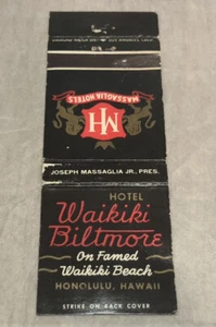 Copertina fiammiferi vintage Hotel Waikiki Biltmore Massaglia Honolulu Hawaii Beach Tiki - Foto 1 di 5