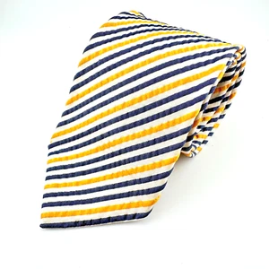 Mens Designer Blue Yellow Striped HAROLD POWELL 100% Silk Tie 58" x 3.5" Classic - Picture 1 of 14