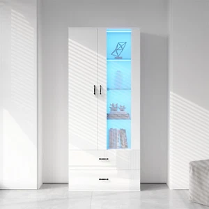 Vitrine Standvitrine Vitrinenschrank Hochschrank mit LED Leuchten Hochglanz Weiß - Bild 1 von 11