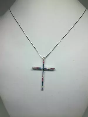 Ciondolo Croce a Fiammifero in Argento 925/1000 con Zirconi Multicolor mm 24x36 - Immagine 1 di 4