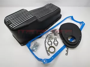 Chevy SBC 58-79 Black Fin Aluminum Oil Pan Kit w/ Gasket Timing Cover 305 350 - Bild 1 von 6