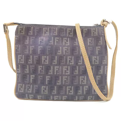 FENDI Zucchino Canvas Leather Navy Beige Shoulder Bag Pouch Auth Used - Image 1 of 4