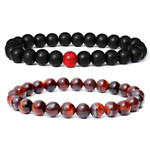2Pcs Red Tiger Eye Stone Bracelets Black Matte Onyx Healing Therapy Bracelets - Picture 1 of 11