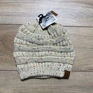 CC Womens Ribbed Confetti Knit Messy Bun Beanie Tail Hat Ones Size Adult Oatmeal - Picture 1 of 11