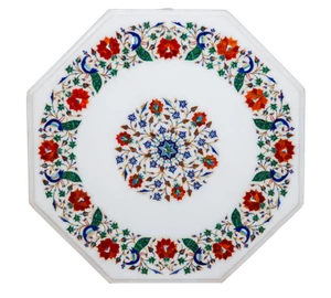Tavolo 2' Marmo Bianco Pranzo Caffè Ottagonale Intarsio Malachite Pavone Parete - Foto 1 di 4