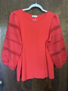 Tyler Boe Scoop Neck Eyelet Sleeve Tee Firecracker Red Size Medium - Picture 1 of 6