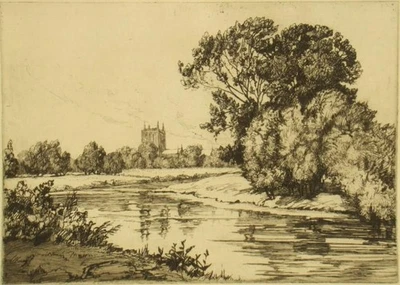 Gravura antiga original assinada a lápis Edith S. Bessell 'Wye at Hereford' - Imagem 1 de 4