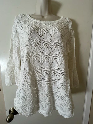 JEANNE PIERRE женщин Sz L 100% хлопок кружева вязаный свитер оборки 3/4 рукав - Изображение 1 из 4